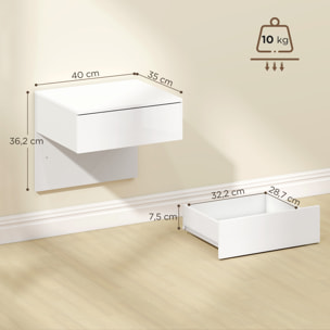 Juego de 2 Mesitas de Noche Flotantes con Cajón, Mesillas de Noche, Montado en la Pared, Diseño Moderno, para Dormitorio, 40x35x36,2 cm, Blanco Brillo