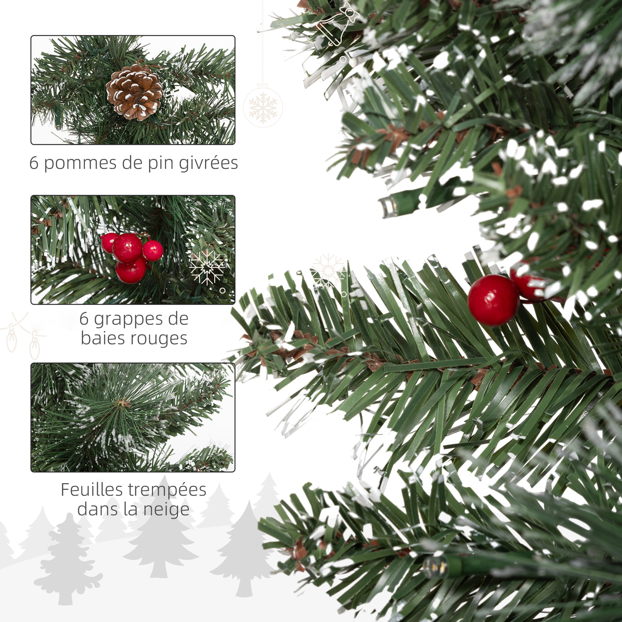 Guirlande de Noël artificielle LED 180 cm - pommes de pin, baies rouges, 50 LED blanc - vert