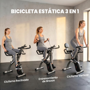 Bicicleta Estática Plegable 3 en 1 con Respaldo y 8 Niveles Resistencia Magnética Bicicleta Estática Casa Ajustable con Bluetooth Monitor LCD Volante Bandas Sensor Pulso Soporte Móvil Negro