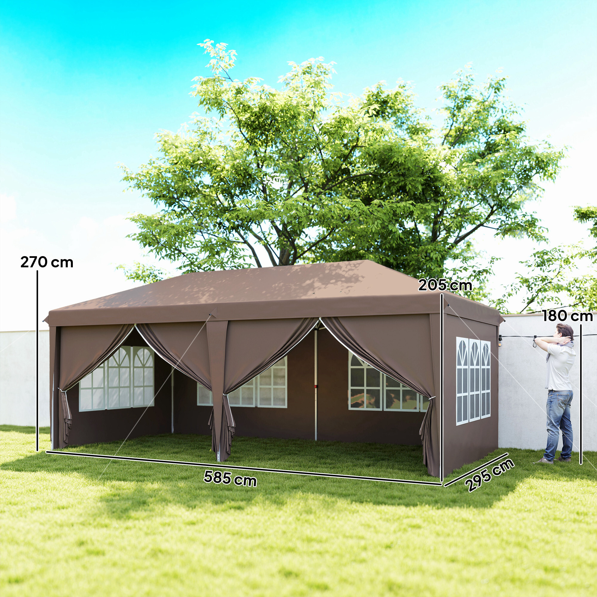 Carpa Plegable 6x3 m, Pop-up, con 4 Laterales Desmontables, Cenador de Jardín con 4 Ventanas Visibles y Bolsa de Transporte, Impermeable, Anti-UV, Gazebo para Camping, Fiestas, Exterior, Café