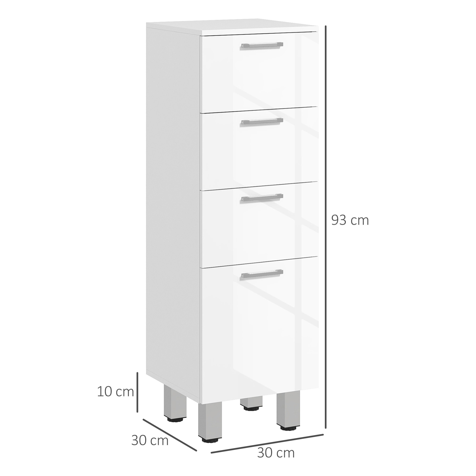 Mueble Auxiliar Baño Moderno Armario de Baño con 4 Cajones y 4 Patas Mueble de Almacenaje para Salón Dormitorio Antivuelco Carga 30 kg 30x30x93 cm Blanco Brillante