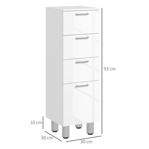 Mueble Auxiliar Baño Moderno Armario de Baño con 4 Cajones y 4 Patas Mueble de Almacenaje para Salón Dormitorio Antivuelco Carga 30 kg 30x30x93 cm Blanco Brillante