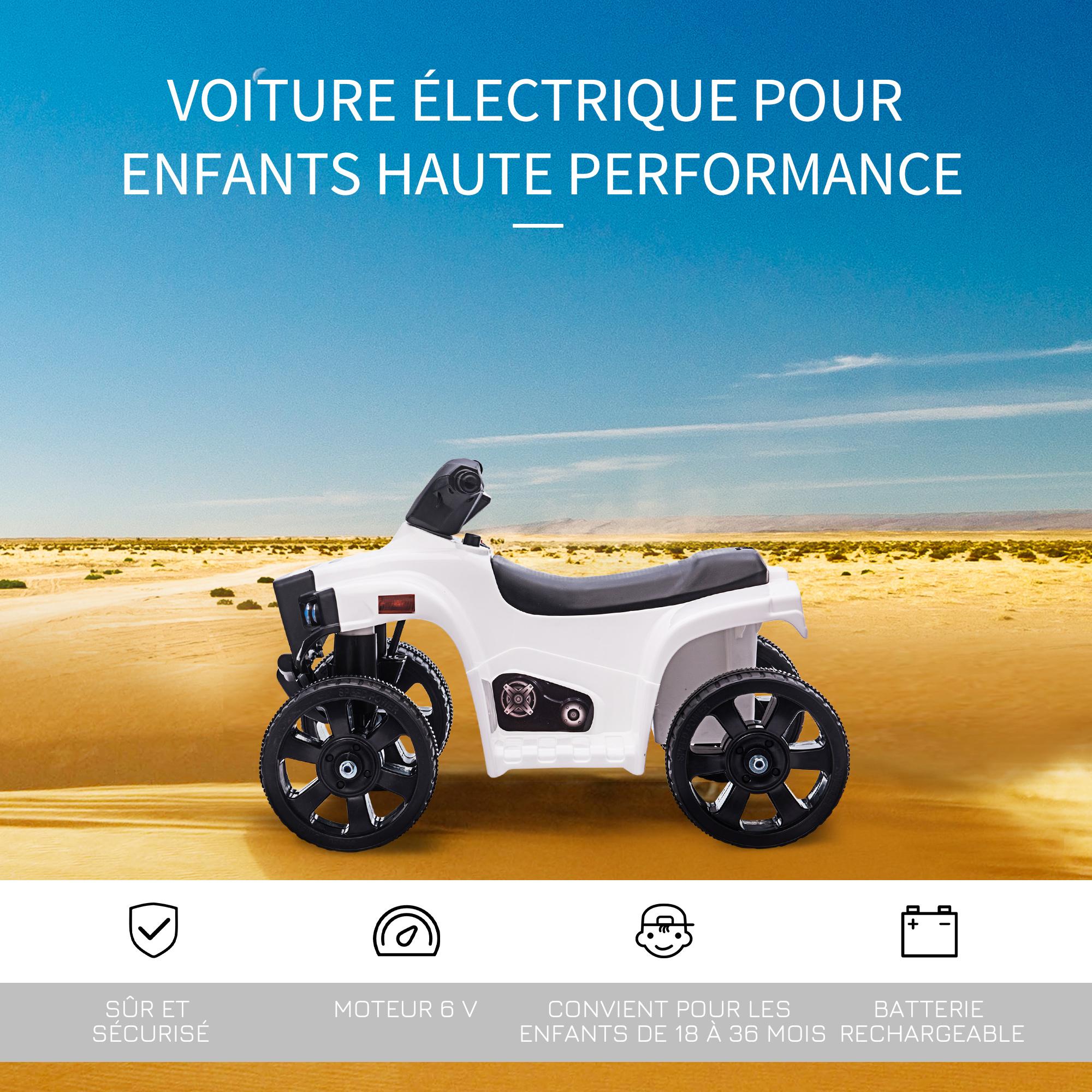 Voiture 4x4 quad buggy électrique enfant 18-36 mois 6 V 3 Km/h max. effet lumineux sonores métal PP blanc noir