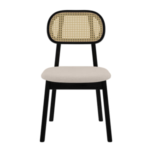 Lot de 2 chaises en bois noir, tissu beige et rotin synthétique - Maria