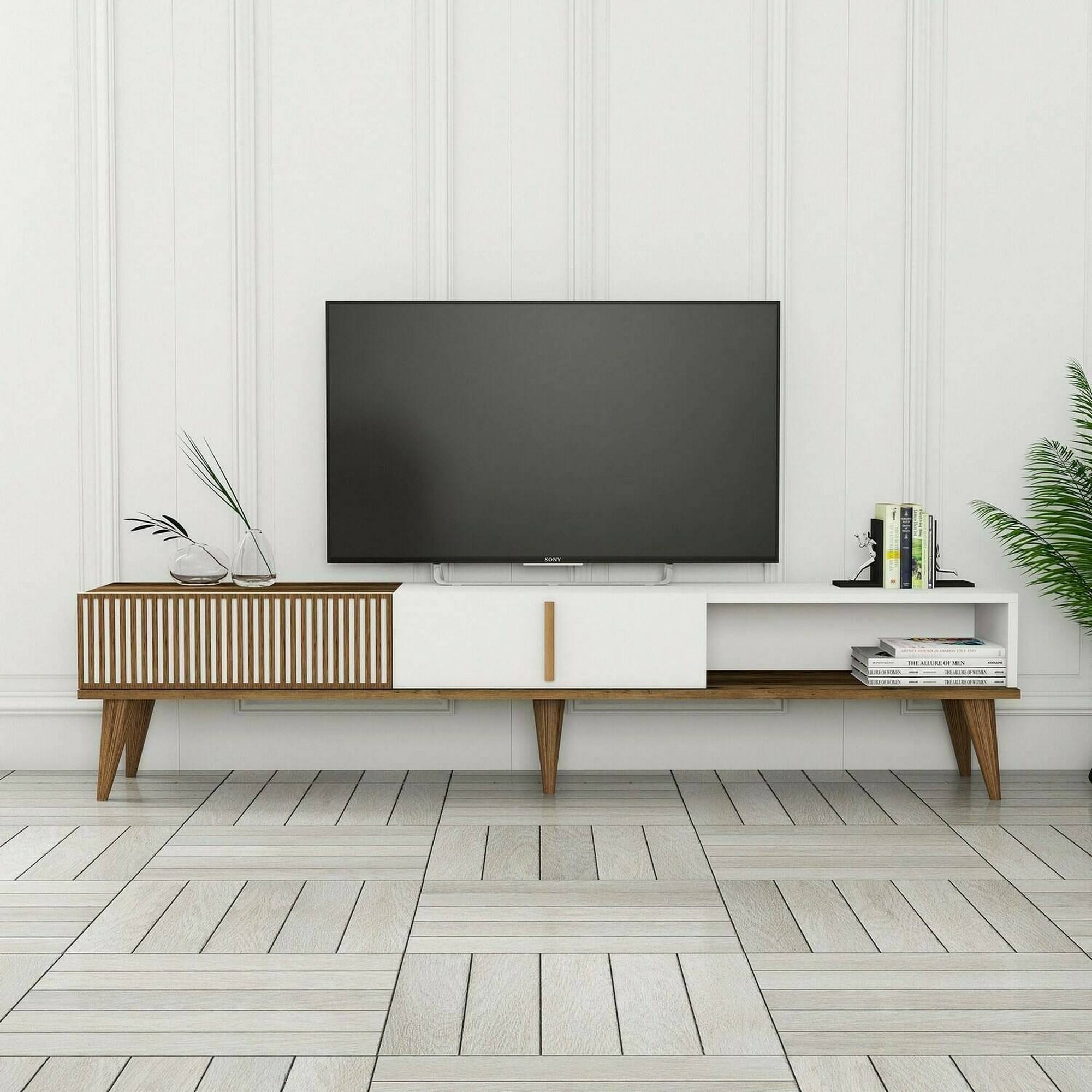 Mobile porta TV Dfirican, Credenza da soggiorno, Armadio basso per TV, Base parete attrezzata, 180x35h40 cm, Noce e Bianco