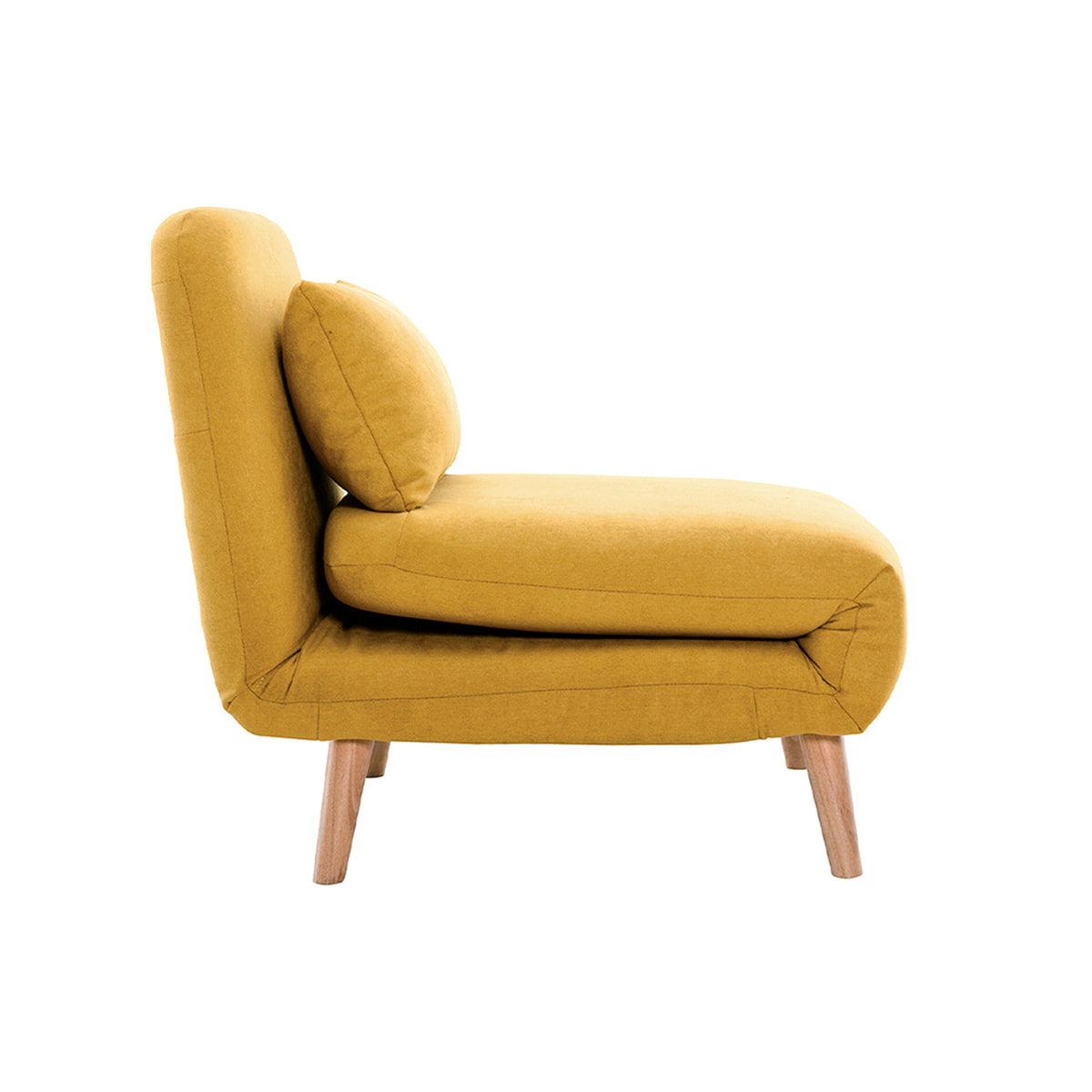 Fauteuil convertible scandinave en tissu effet velours jaune moutarde et bois clair AMIKO