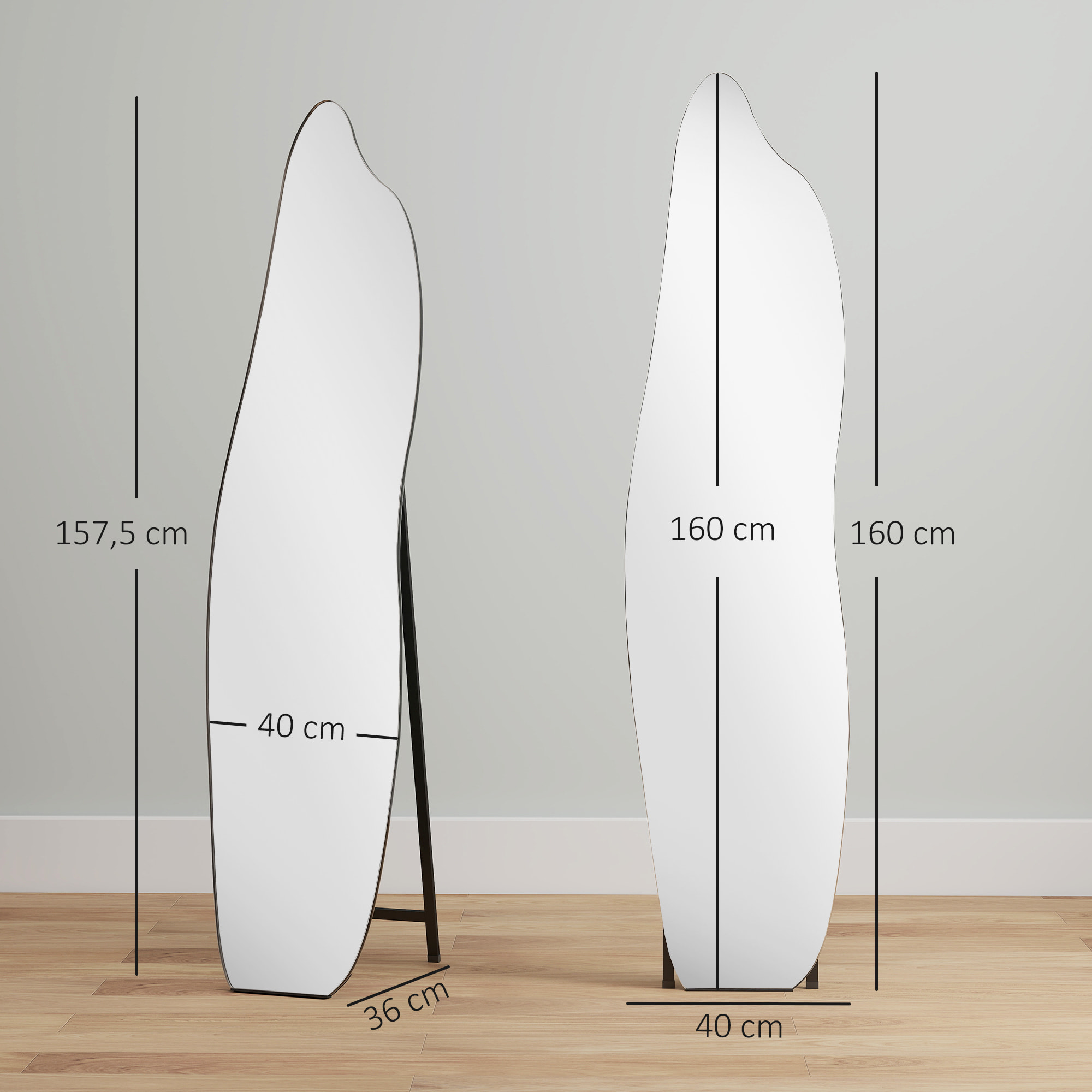 Espejo de Pie Cuerpo Entero 160x40 cm sin Marco, Espejo de Pie Forma Irregular con Soporte Metálico, Montaje en el Suelo o Apoyado contra la Pared, para Salón, Entrada y Dormitorio, Negro