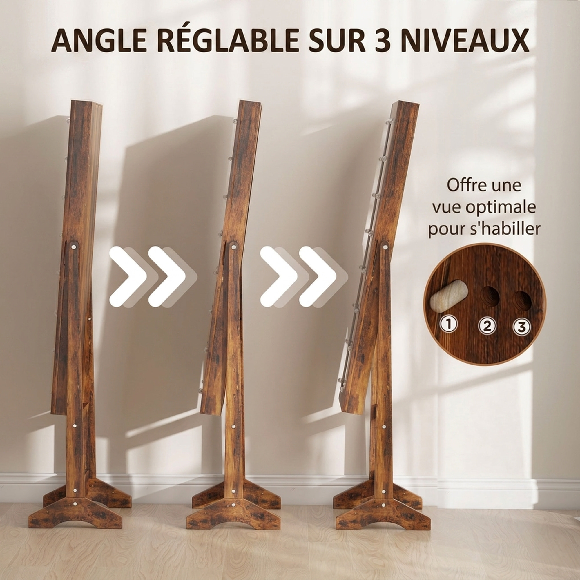 Armoire à bijoux sur pieds avec miroir multi-rangement éclairage LED effet bois vieilli