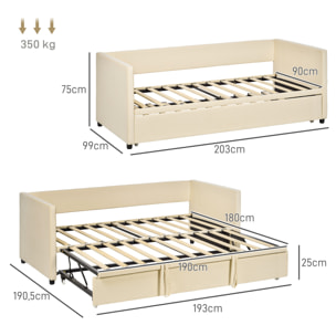 Cadre de lit deux-en-un - tête de lit, sommier inclus - dim. 203l x 190,5P x 75H cm - compatible matelas 190L x 90l cm - blanc crème