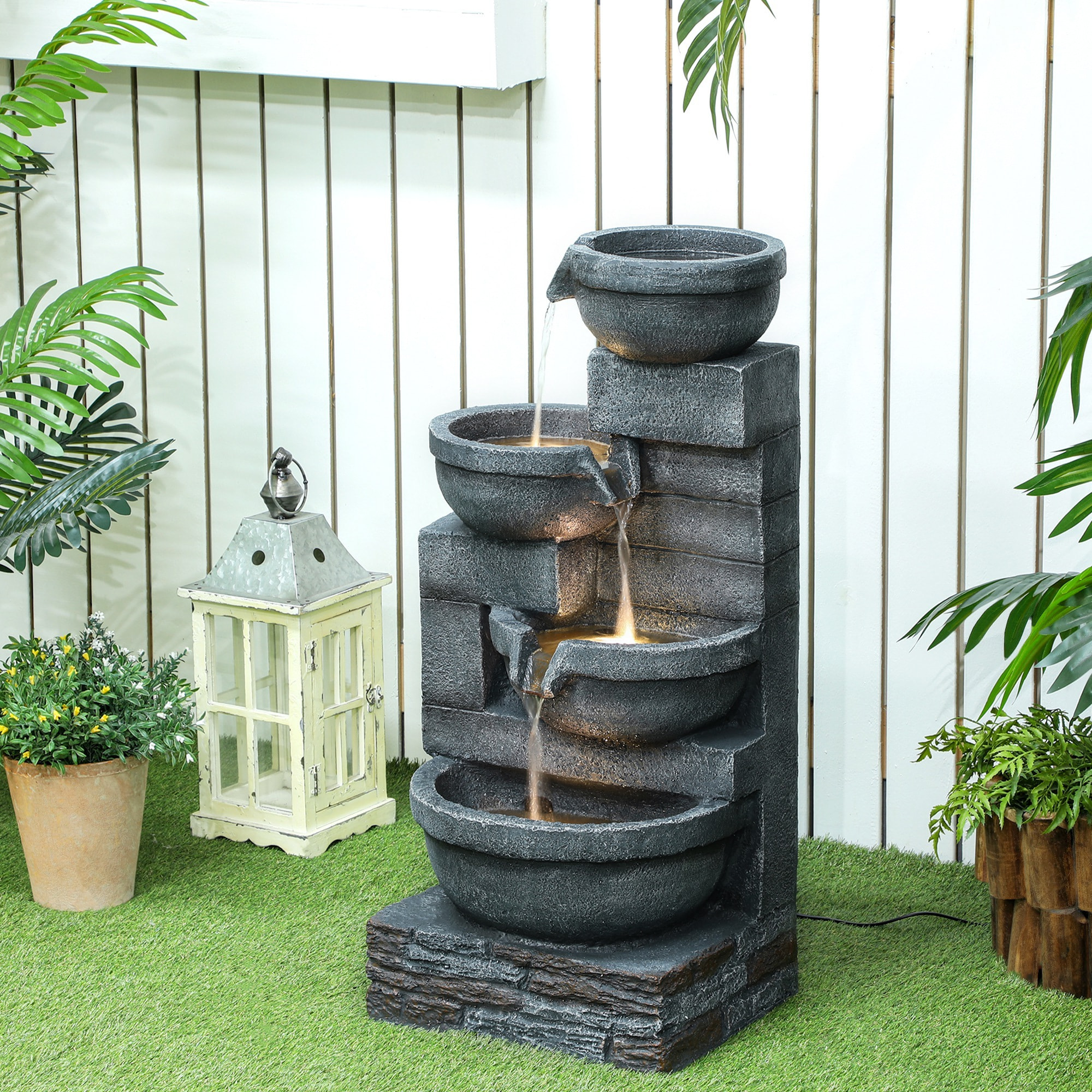 Fuente de Agua Fuente de Jardín con Iluminación LED Fuente Decorativa en Cascada de 4 Niveles para Jardín Patio Terraza 38x35x78,5 cm Gris