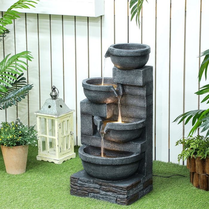 Fuente de Agua Fuente de Jardín con Iluminación LED Fuente Decorativa en Cascada de 4 Niveles para Jardín Patio Terraza 38x35x78,5 cm Gris