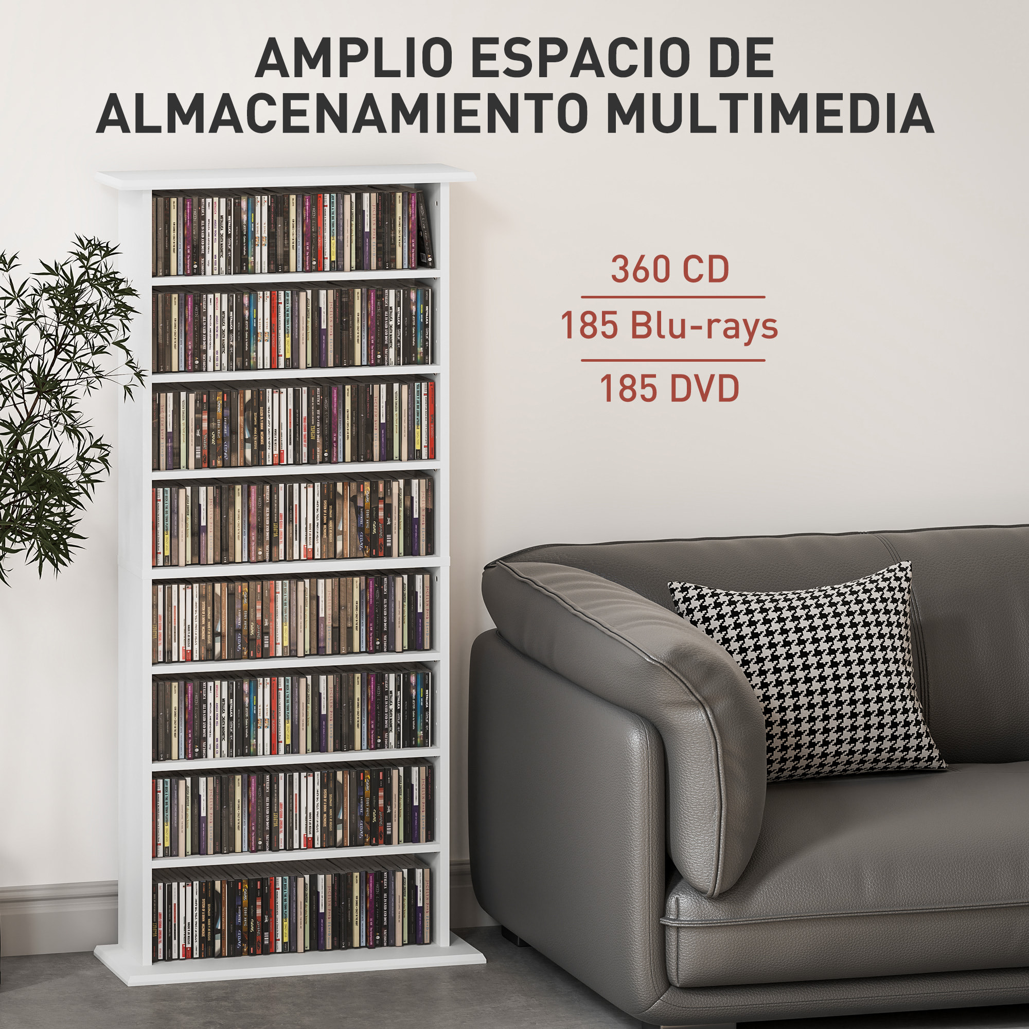 Estantería para CDs y DVDs Soportes para CD Estrechos con 8 Compartimentos Estantes Ajustables para Salón Oficina 58x24x126,3 cm Blanco