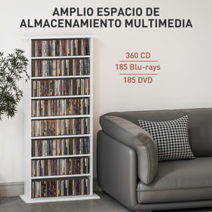 Estantería para CDs y DVDs Soportes para CD Estrechos con 8 Compartimentos Estantes Ajustables para Salón Oficina 58x24x126,3 cm Blanco
