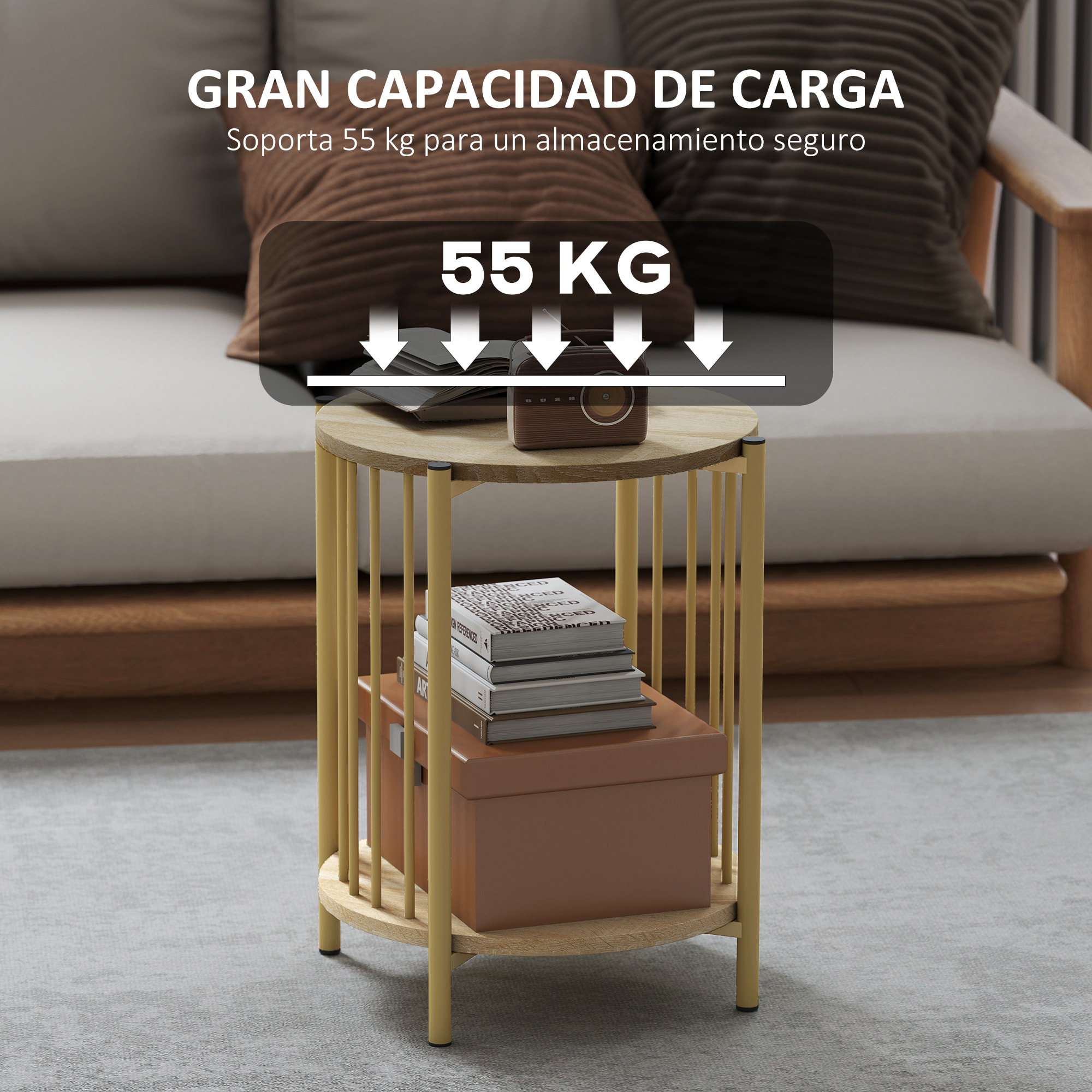 Mesa Auxiliar Redonda de 2 Niveles Mesita Auxiliar Moderno con Estante de Almacenaje y Estructura de Acero para Salón Dormitorio Ø41x49 cm Natural