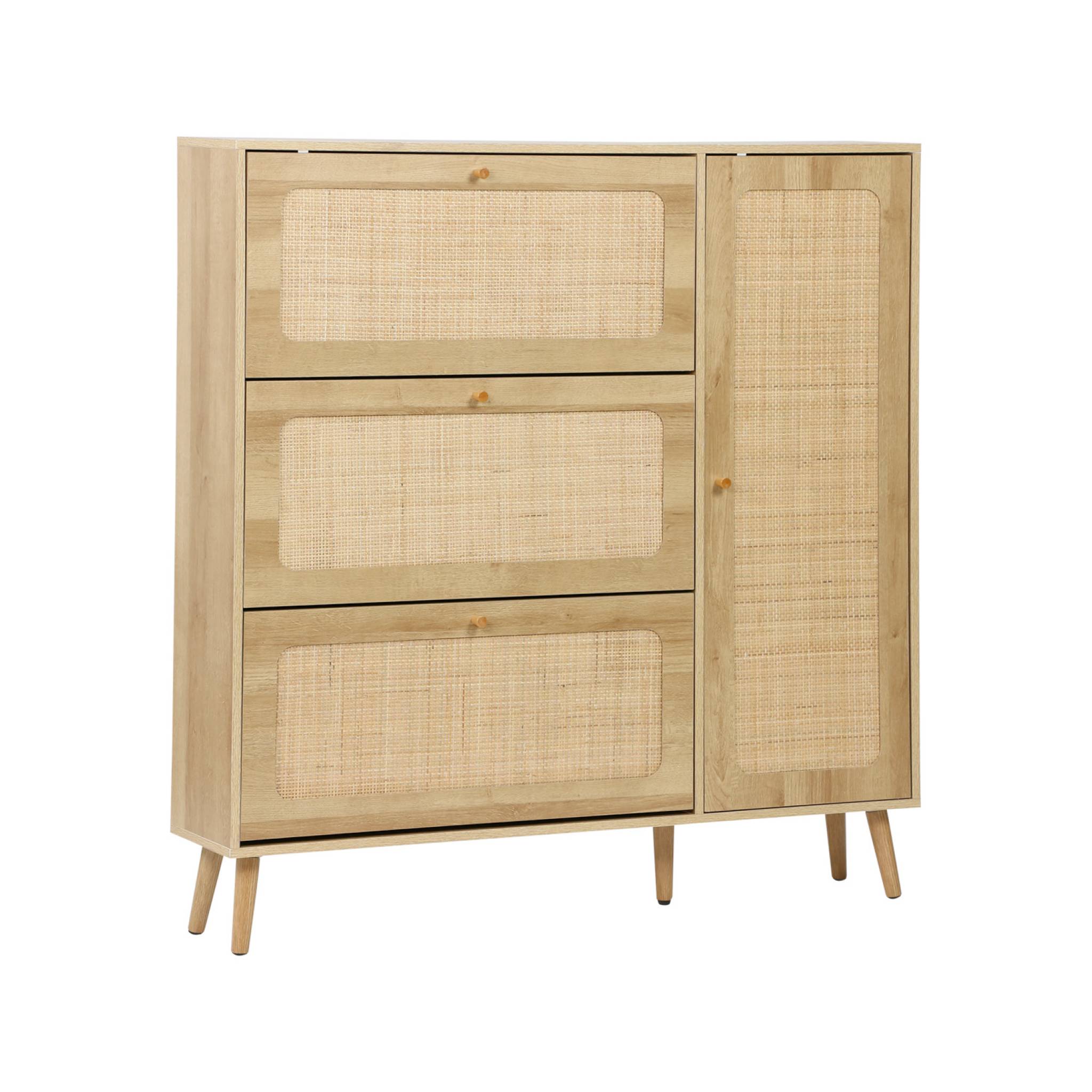 Meuble à chaussure cannage Bohème naturel. 3 tiroirs. 1 porte. 21 paires. 120 x 24 x 125 cm