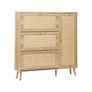 Meuble à chaussure cannage Bohème naturel. 3 tiroirs. 1 porte. 21 paires. 120 x 24 x 125 cm