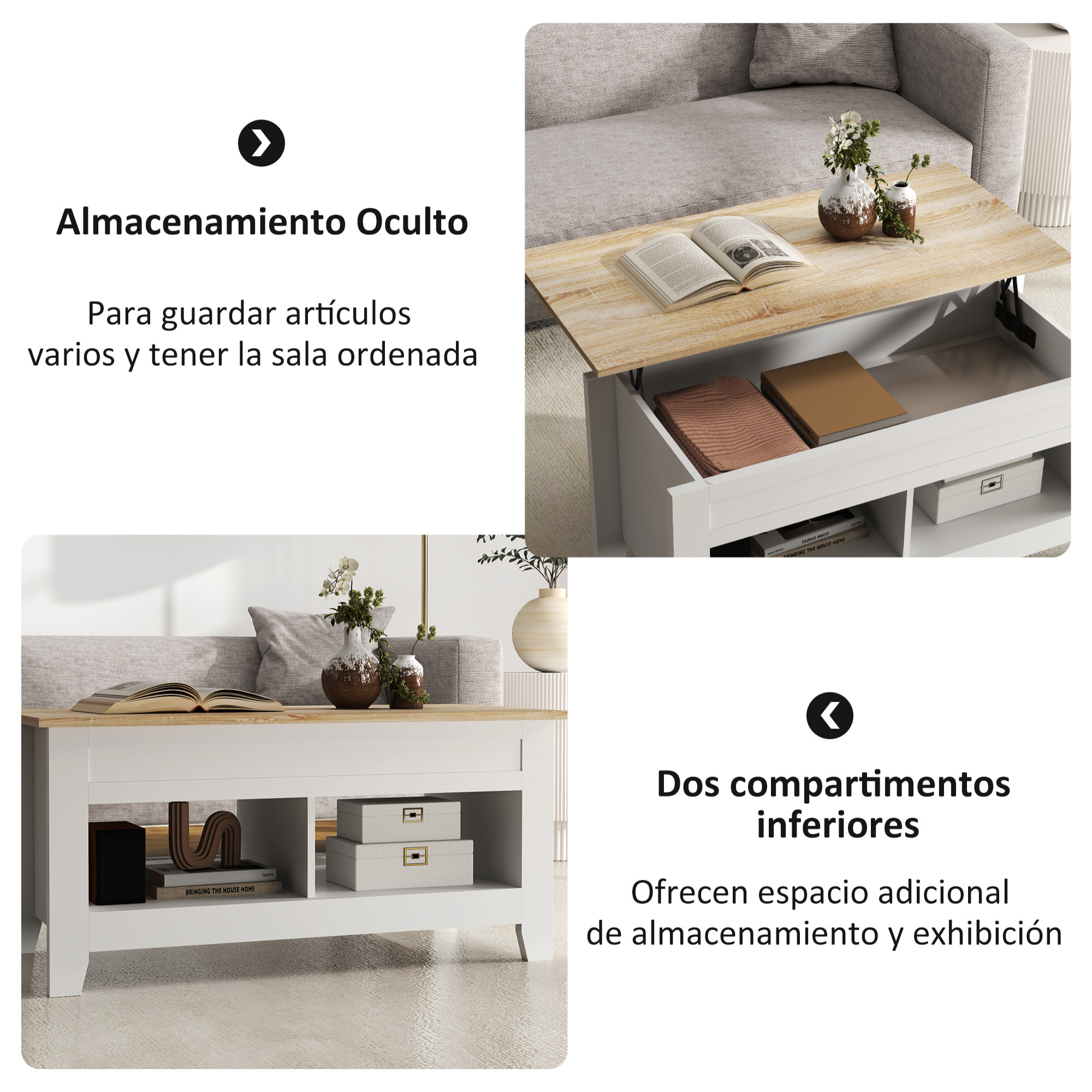 Mesa de Centro Elevable Mesa de Café con Encimera Elevable 2 Compartimentos Abiertos y Espacio Oculto de Almacenaje 105x50x49 cm Blanco y Natural