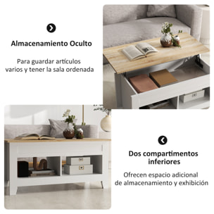 Mesa de Centro Elevable Mesa de Café con Encimera Elevable 2 Compartimentos Abiertos y Espacio Oculto de Almacenaje 105x50x49 cm Blanco y Natural