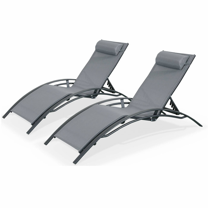 Duo de bains de soleil aluminium - Louisa Anthracite - Transats aluminium et textilène