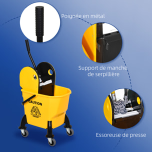 Chariot de nettoyage lavage seau de ménage 26L avec essoreur - 4 roulettes, poignées - métal PP jaune noir