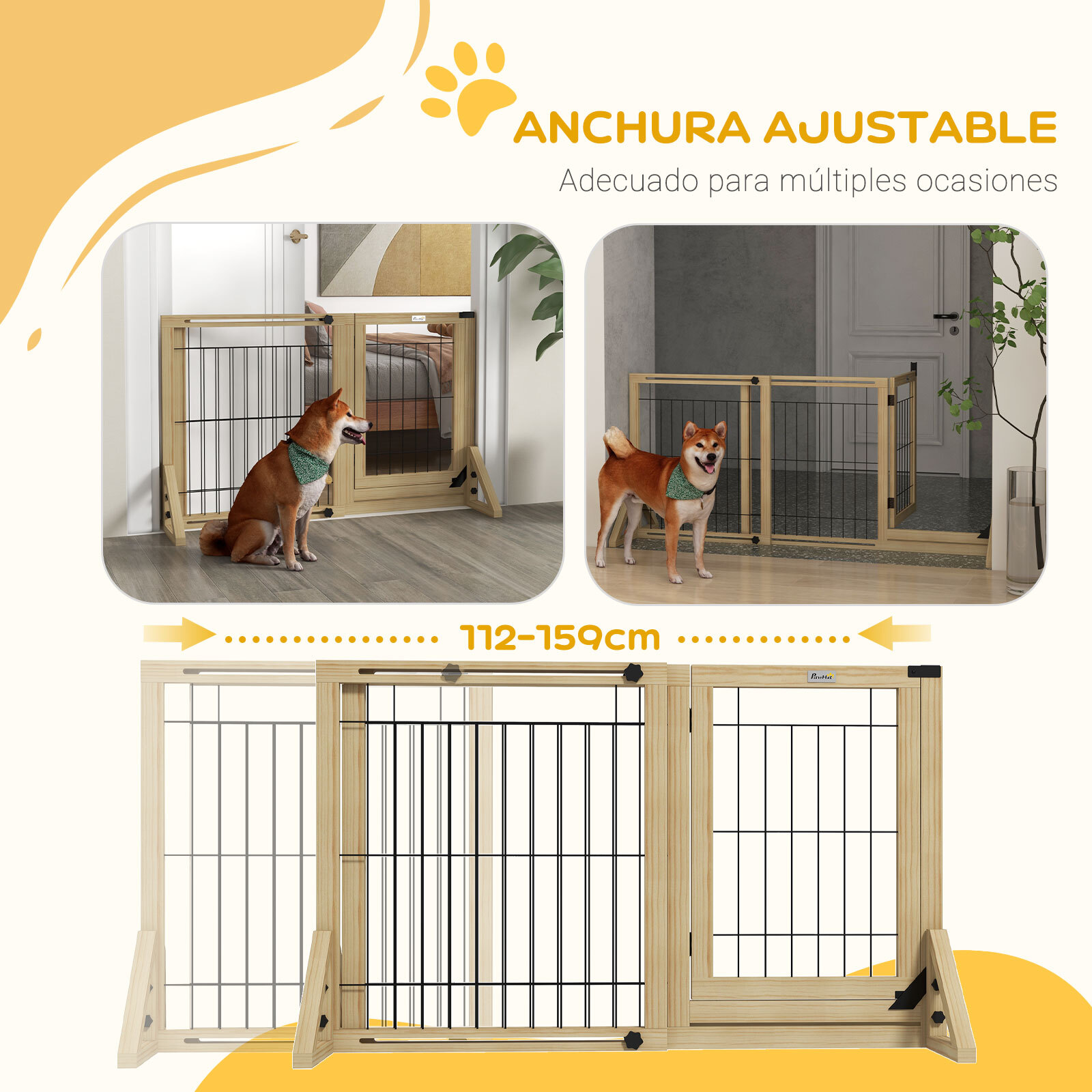 Barrera para Perros de Madera Valla para Mascotas Extensible de 2 Paneles con Patas de Apoyo Triangulares para Puerta Pasillo Escalera 112-159x44x70 cm Natural