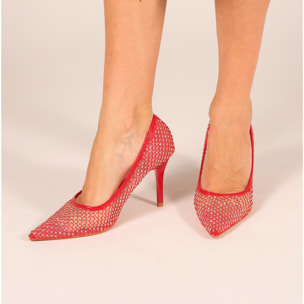 Dècolletè pumps in simil pelle con tomaia bucherellata ricoperta di strass