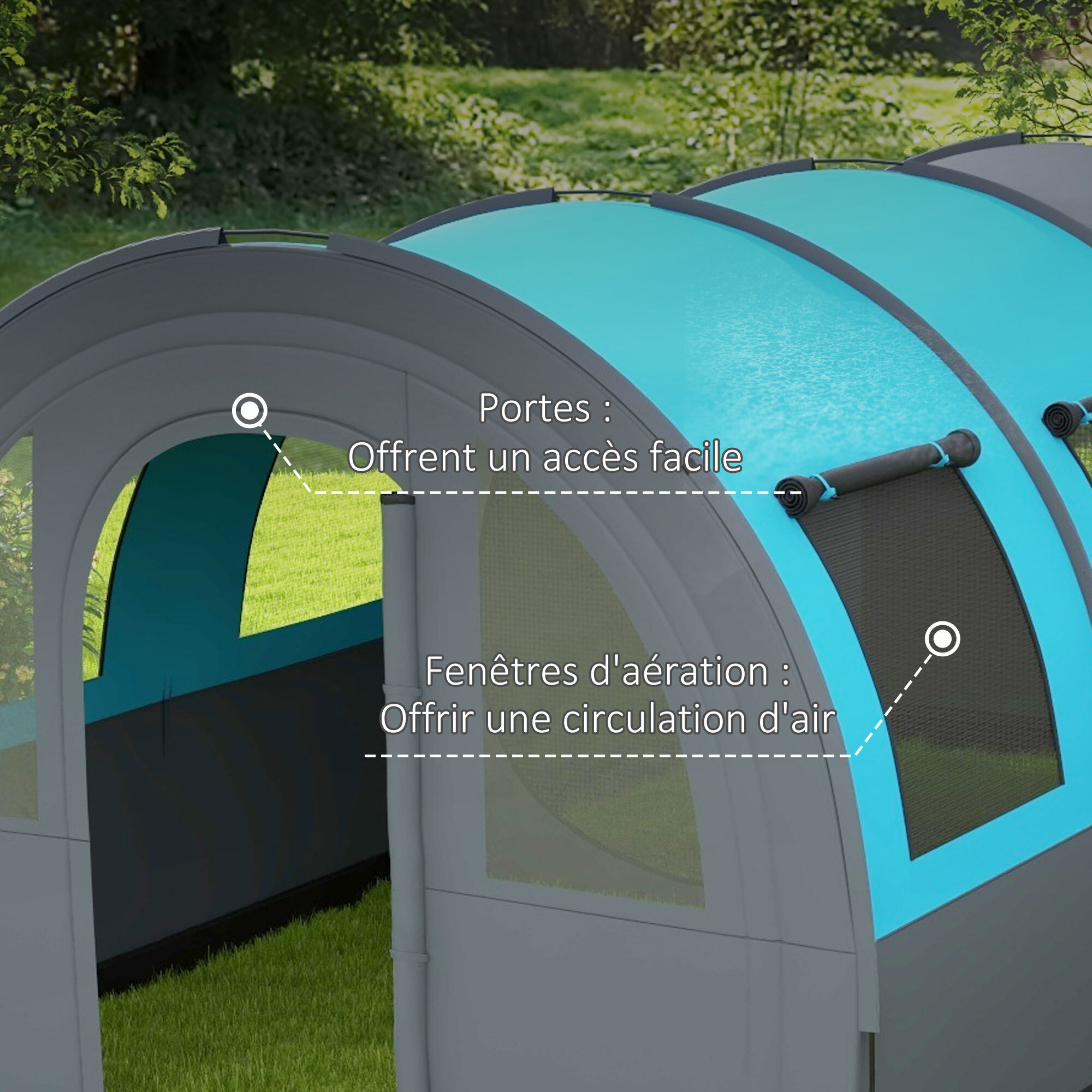 Tente de camping familiale 5-6 pers. étanchéité 3000 mm - 2 portes, sac - bleu gris