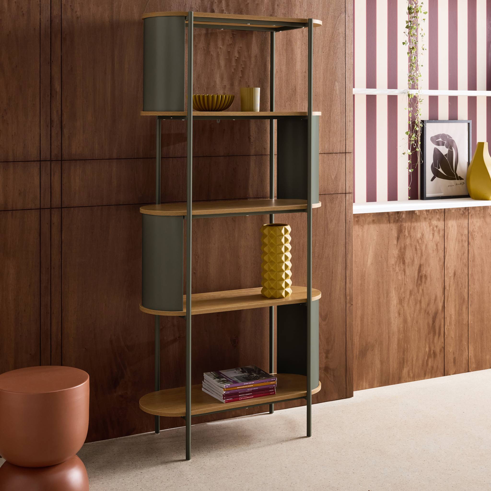 Etagère bibliothèque métal courbé et décor bois 5 niveaux MOLTO