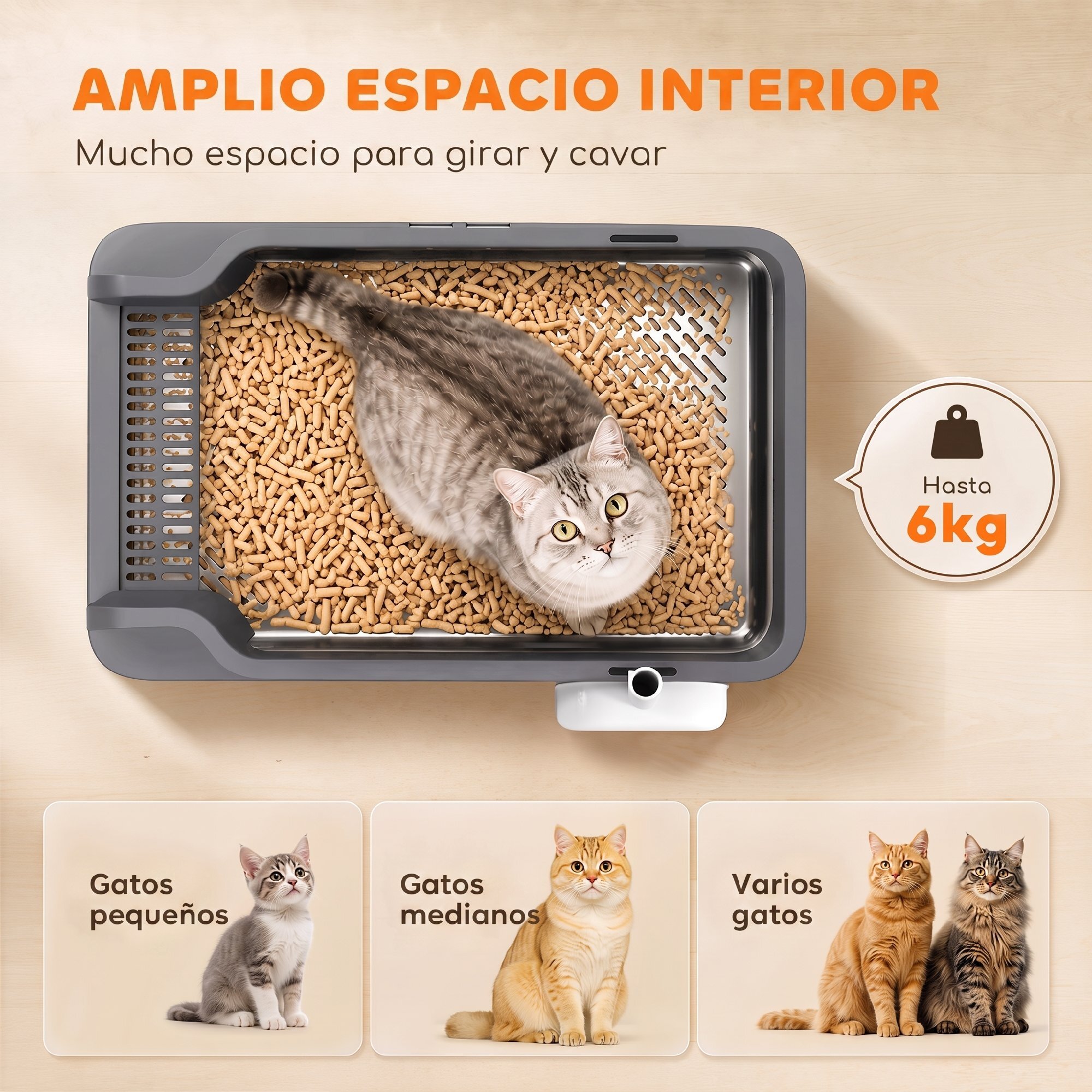 Arenero para Gatos de Acero Inoxidable L con Bandeja de Tamizado, Caja de Arena, Borde Alto, Pala, 10 Empapadores, Pellets de Pino +6 mm, Fácil de Limpiar, Antifugas, Antiadherente, Gris Oscuro