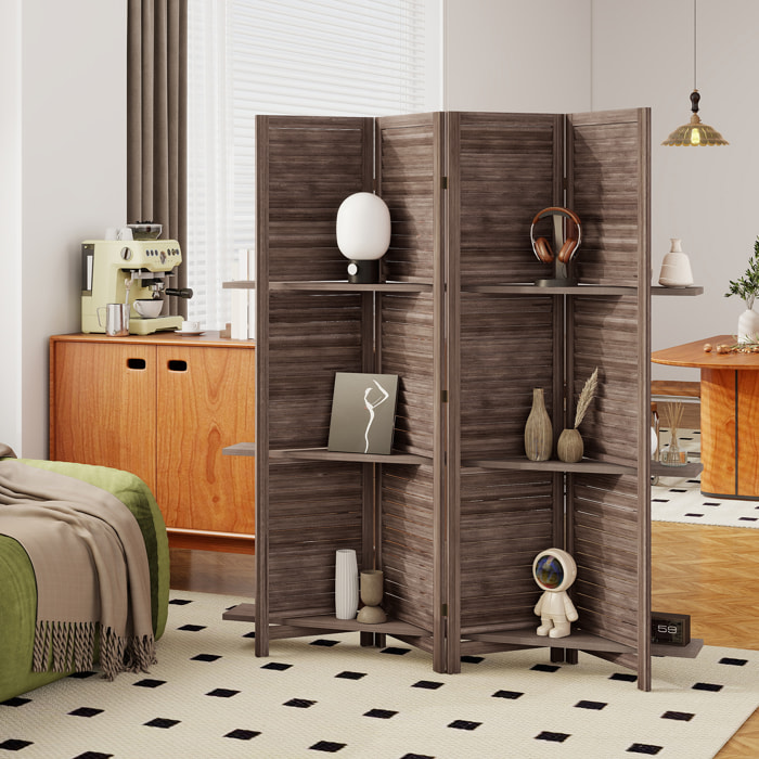 Paravent intérieur 4 panneaux 3 étagères pliables séparateur de pièce portes persiennes bois de paulownia wengé