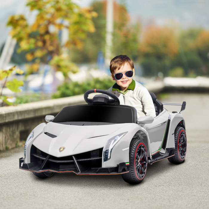 Coche Eléctrico Lamborghini para Niños de 3 a 6 Años Coche de Batería 12V Velocidad Max.7 km/h Puerta de Tijera con Control Remoto MP3 Luces y Cinturón de Seguridad 111x61x45 cm Blanco