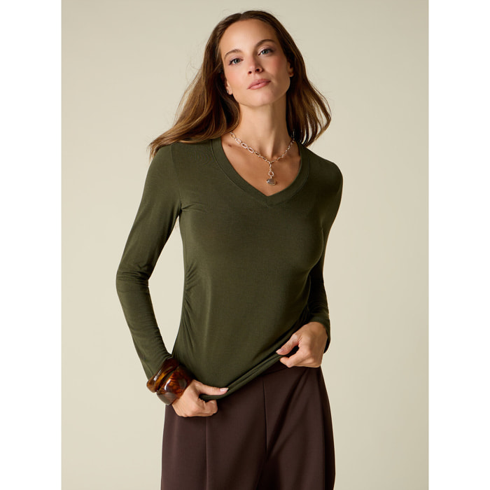 Oltre - T-shirt scollo a V misto cashmere - Verde militare