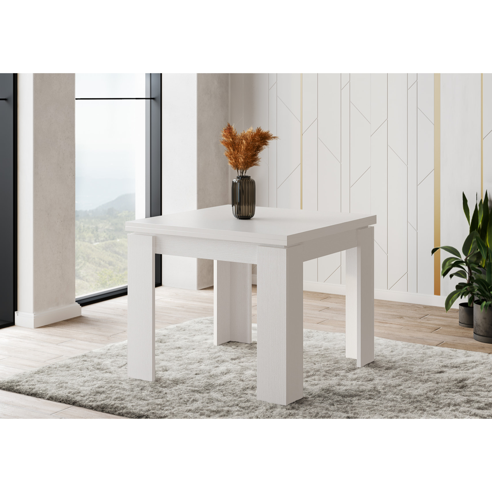 Tavolo Allungabile Moderno Da 4 A 8 Persone Gambe Spesse Minimal Meccanismo Centrale Estensibile Per Cucina Sala Pranzo 90 x 90 / 180 x 90 Cm Bianco
