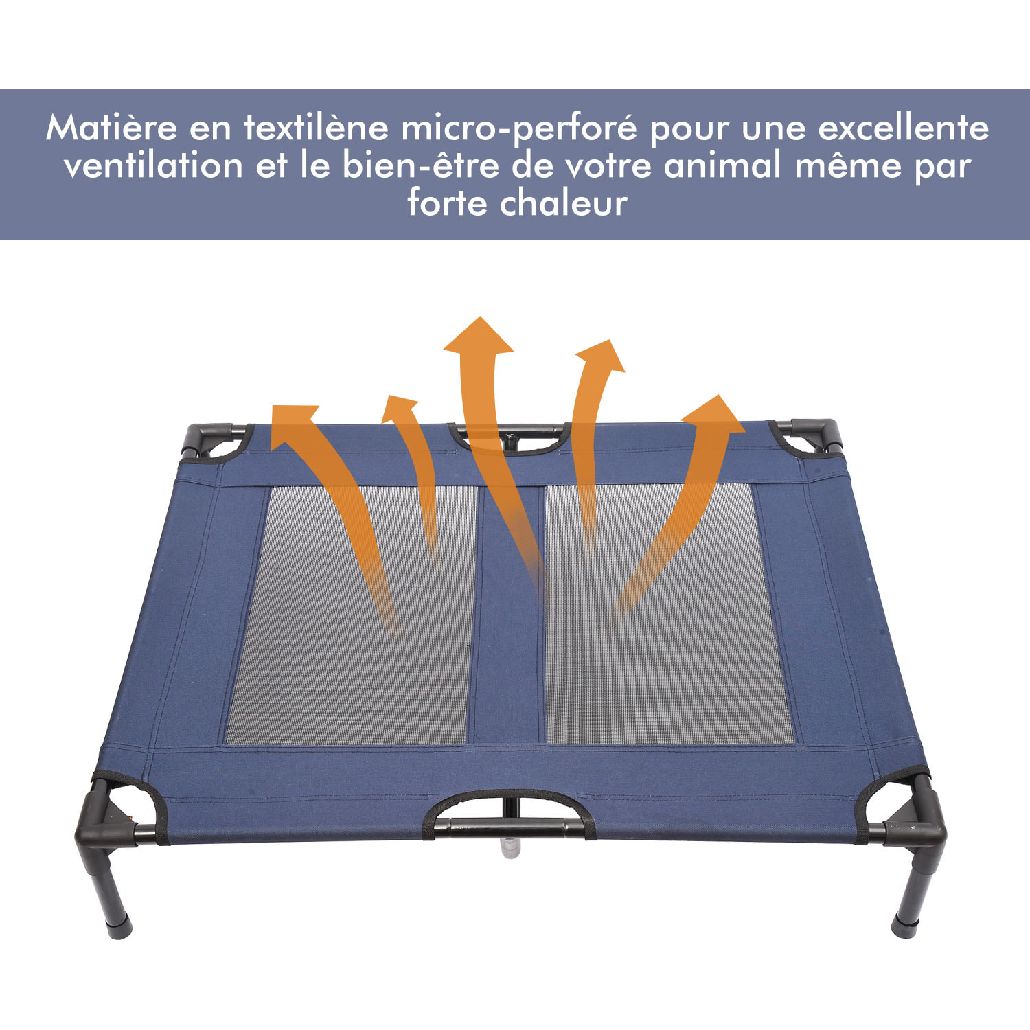 Lit sur pieds XXL pour chien chat lit de camp animal lit surélevé tissu oxford textilène micro-perforé 92L x 76l x 18H cm bleu marine