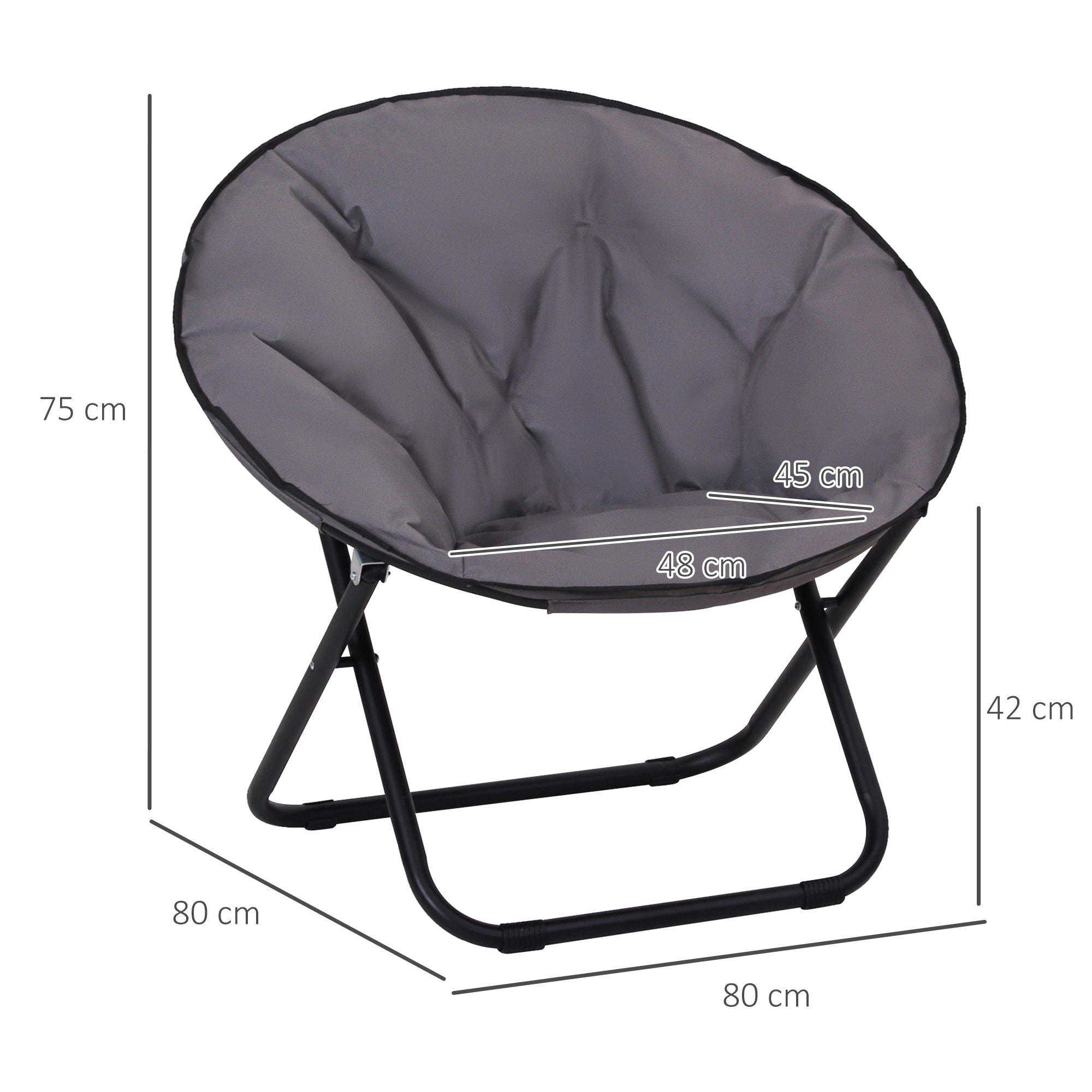 Silla de Luna Plegable Silla de Platillo con Asiento de Tela Oxford y Patas de Metal Carga 120 kg para Camping Playa Terraza Patio 80x80x75 cm Gris