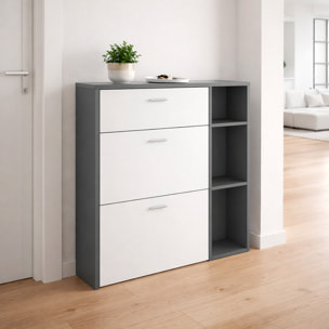 Scarpiera Mobile Portascarpe Salvaspazio Ingresso Con 2 Ribalte Doppia Profondità 1 Cassetto 3 Vani A Giorno 90 x 101.5 x 26 Cm Bianco e Grafite