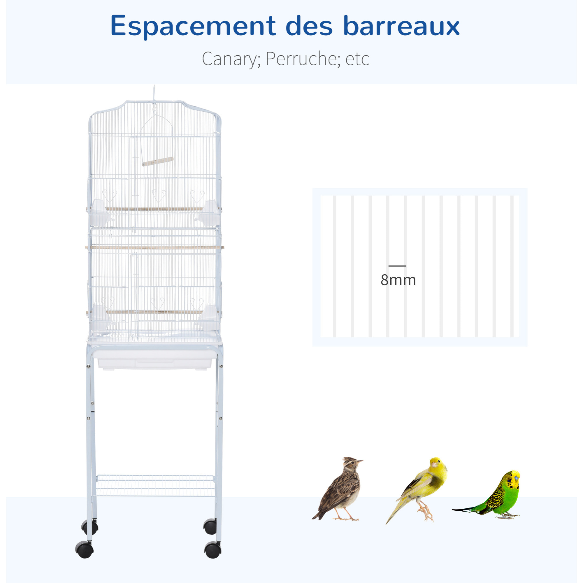 PawHut Cage à oiseaux sur pied volière oiseaux sur roulettes avec toit ouvrant 3 perchoirs étagère inférieure 46,5 x 36 x 157 cm