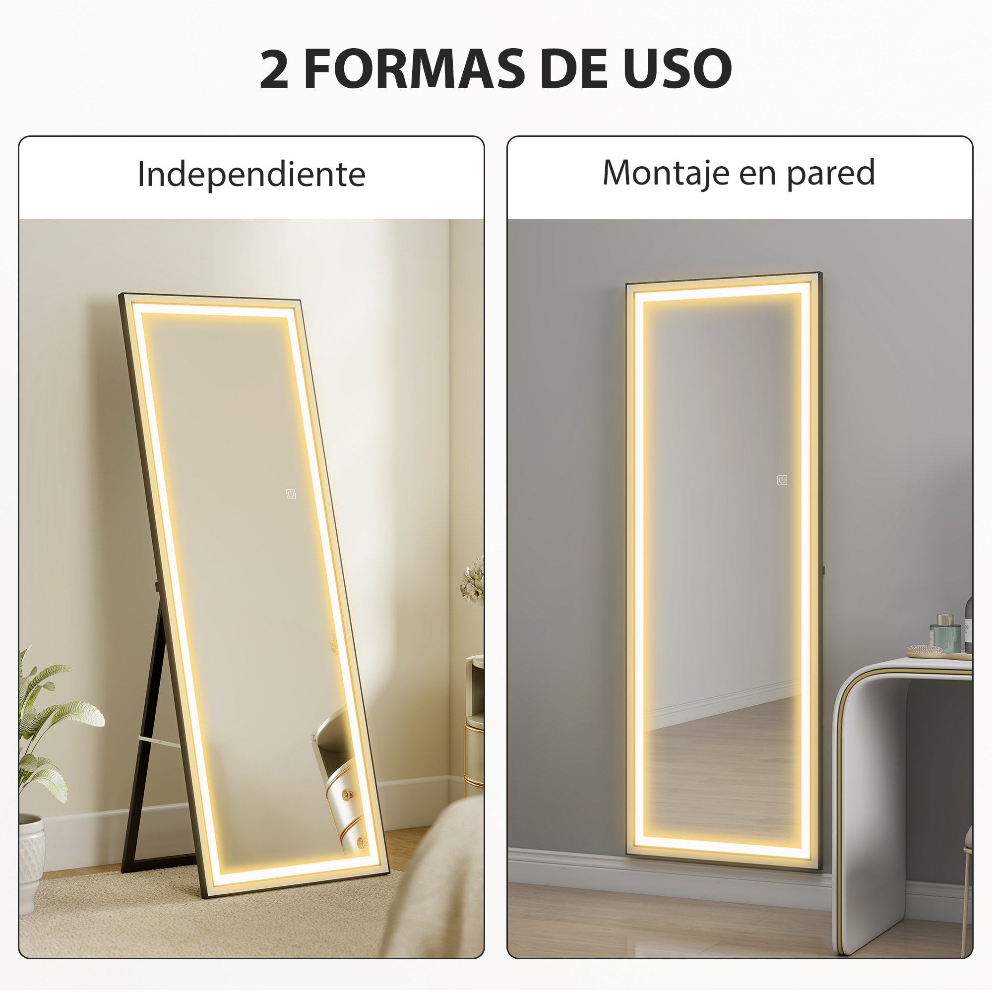 Espejo de Pie Cuerpo Entero con Luces, 165x60 cm, Espejo de Cuerpo Entero, 3 Temperaturas de Color, Brillo Ajustable, Independiente, Apoyado y de Pared, para Dormitorio, Salón, Blanco y Negro