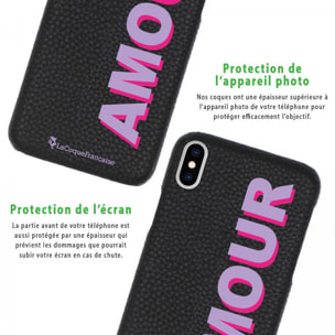 Coque iPhone Xs Max effet cuir grainé noir Amour parme et fushia Design La Coque Francaise