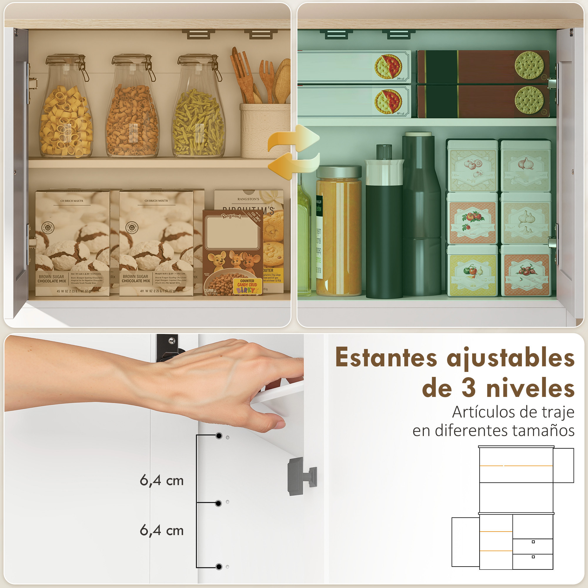 Alacena de Cocina, Mueble Auxiliar de Cocina con 3 Puertas, 2 Cajones, 3 Estantes en la Puerta, 8 Ganchos, Encimera Amplia para Microondas, Estantes Ajustables, Orificios para Cables, Blanco