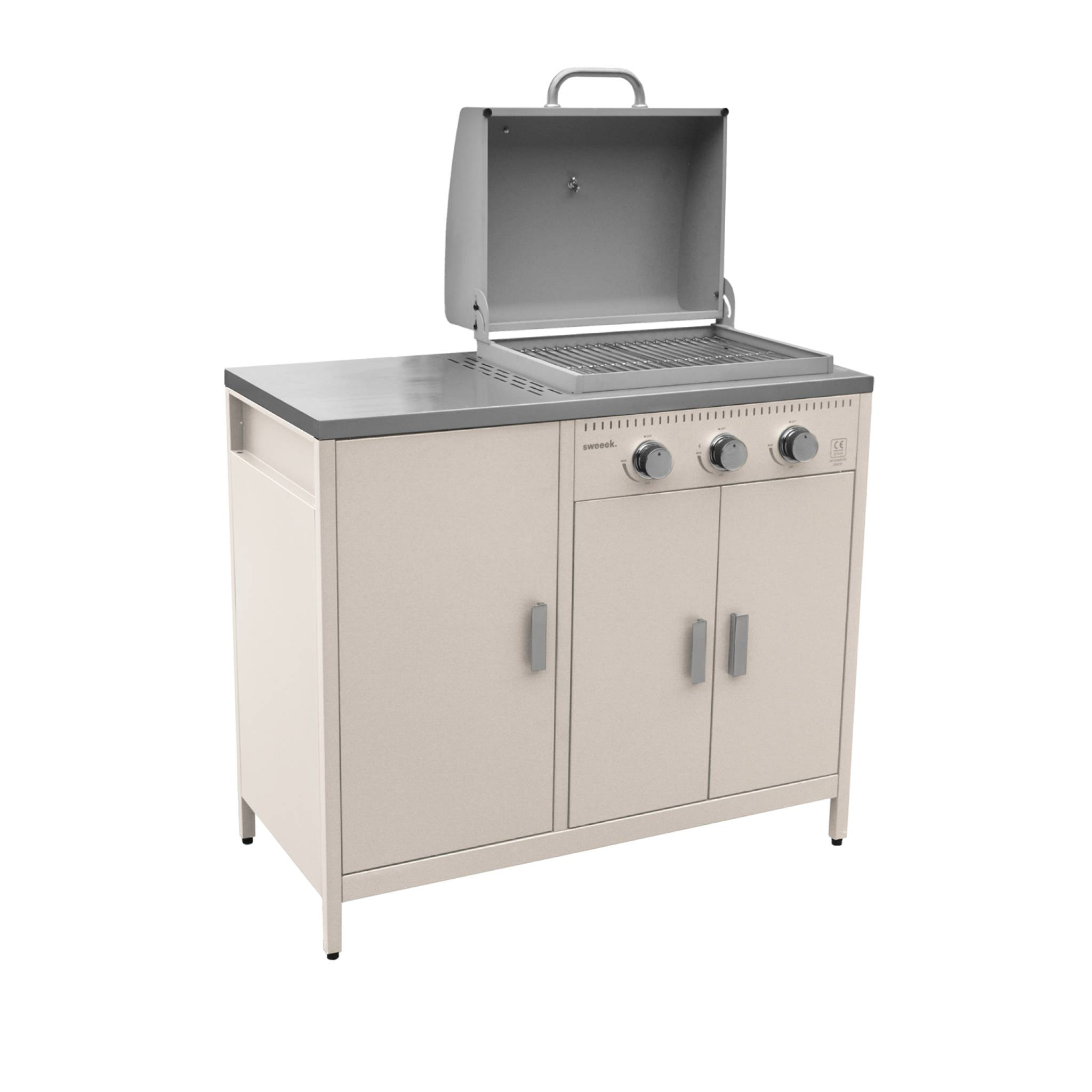 Barbecue gaz 3 brûleurs. beige. 3 portes et 2 espaces de rangement