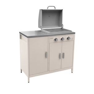 Barbecue gaz 3 brûleurs. beige. 3 portes et 2 espaces de rangement
