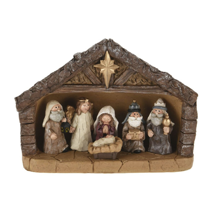 Juego de 7 piezas de belén en poliresina con aspecto de madera en varios colores
