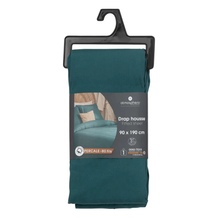 Drap-housse "Landiha" percale bleu égéen 90x190cm