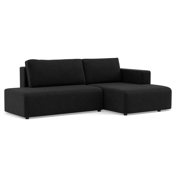 Topaze - canapé d'angle droit 4 places convertible avec coffre en velours côtelé - Noir