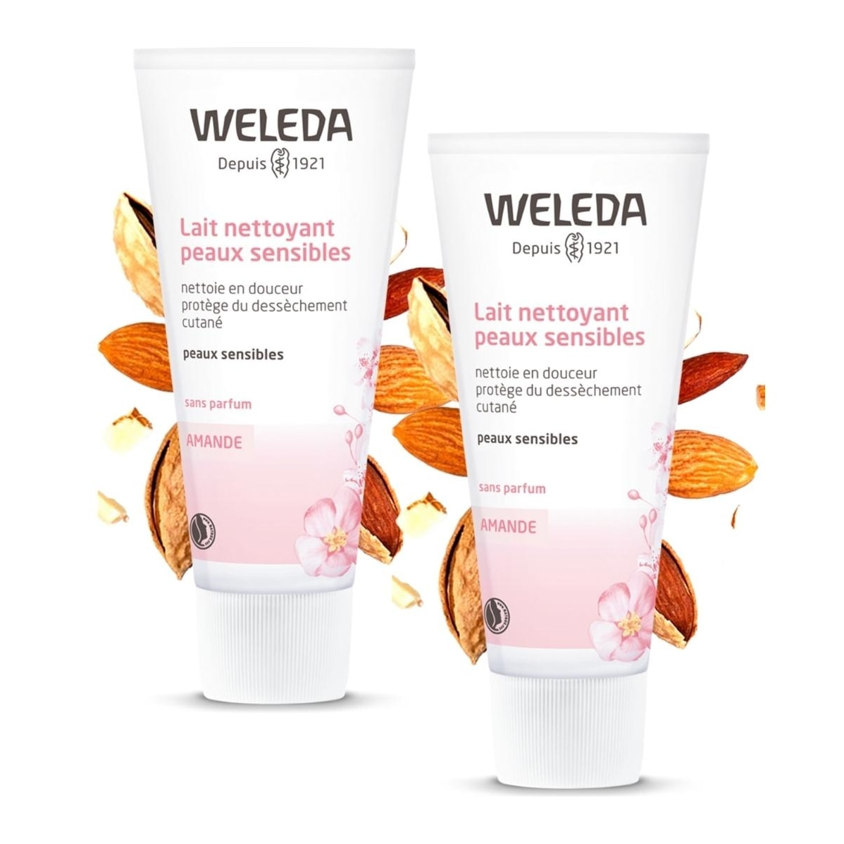 WELEDA - Duo Lait nettoyant peaux sensibles  - Nettoie en douceur -  Vegan* -  Certifié Natrue** - Tube 75 ml  x 2