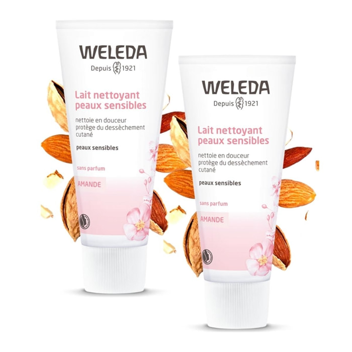 WELEDA - Duo Lait nettoyant peaux sensibles  - Nettoie en douceur -  Vegan* -  Certifié Natrue** - Tube 75 ml  x 2
