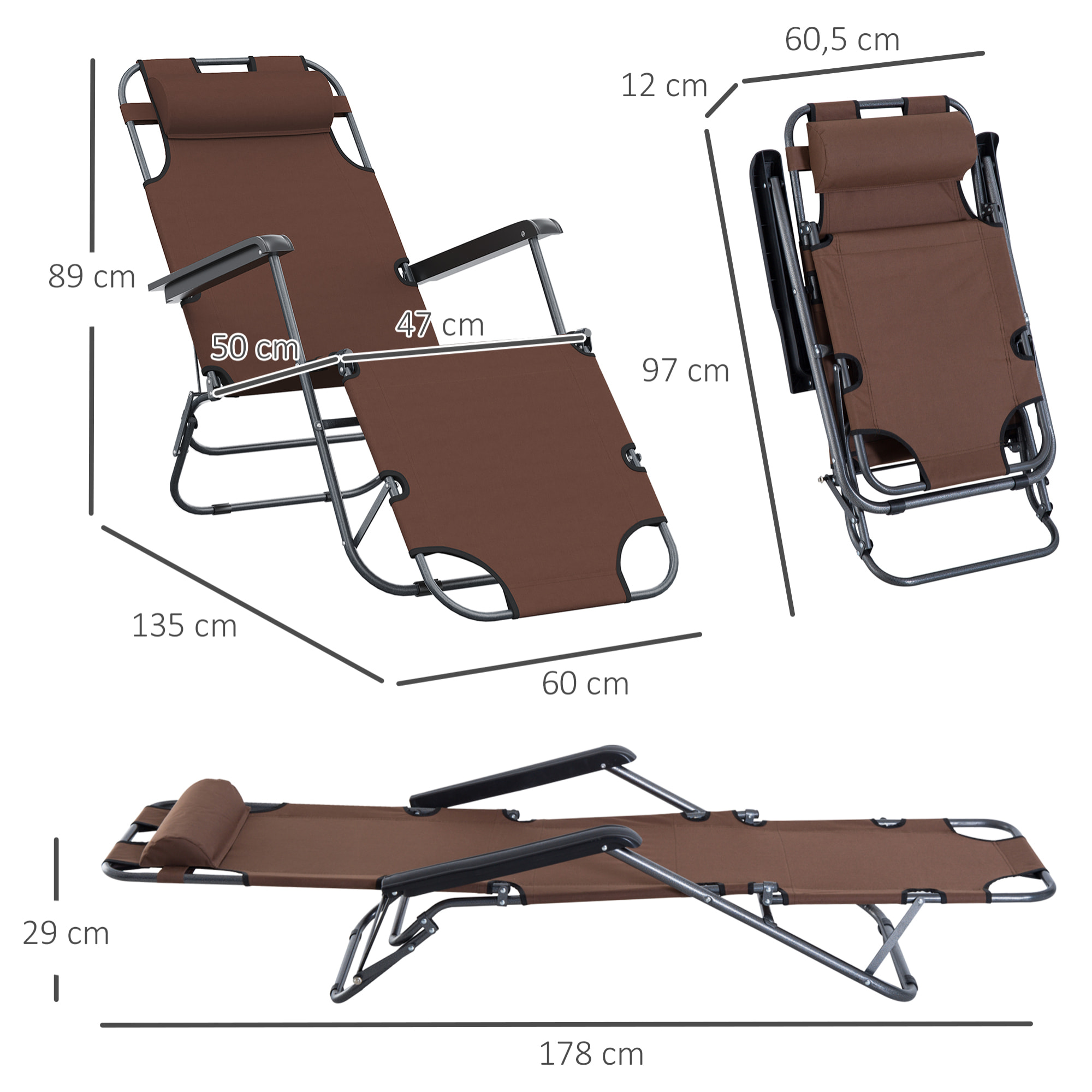 Tumbona Reclinable y Plegable con Respaldo Ajustable Jardín 135x60x89 cm Marrón