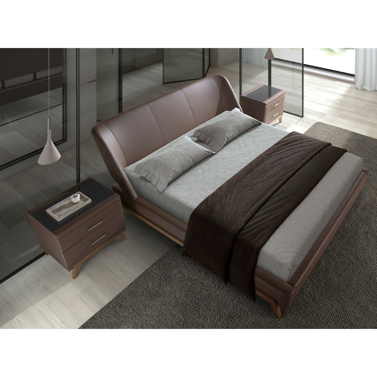 Cama Angel Cerdá de matrimonio con cabecero y estructura en polipiel en marrón chocolate y patas de madera chapada en nogal natural 205x237x95cm