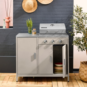 Barbecue gaz 3 brûleurs. beige. 3 portes et 2 espaces de rangement